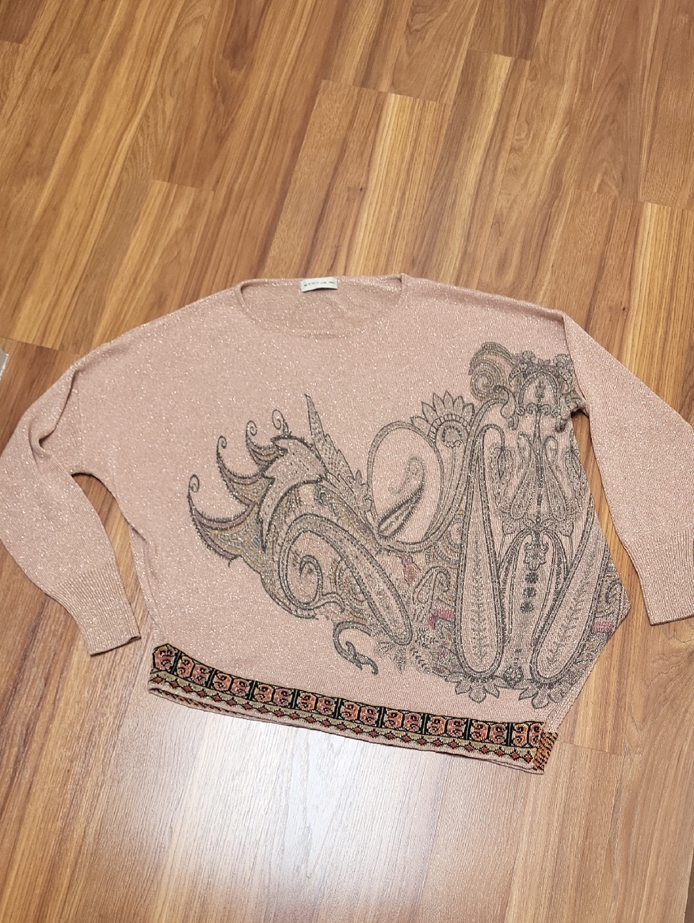 Etro Pink Metallic Paisley Crewneck Sweater with Embroidered Border